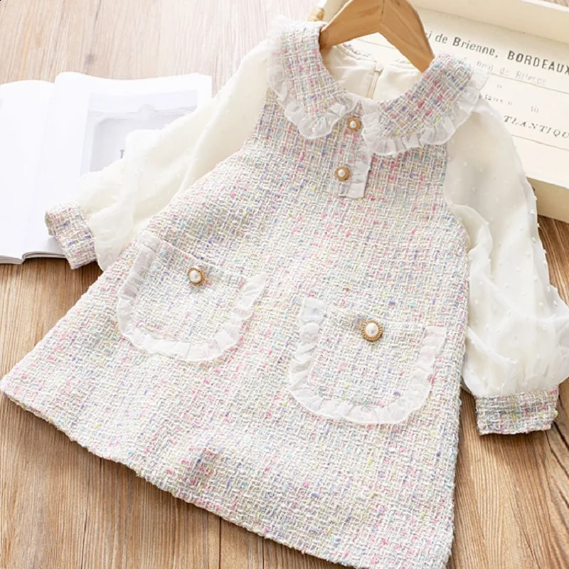 Vestidos lindos para niñas primavera otoño manga de puff para niños ropa de princesa a cuadros cuello de muñeca fiesta ropa para adolescentes para 6 8 10 12 años 240130