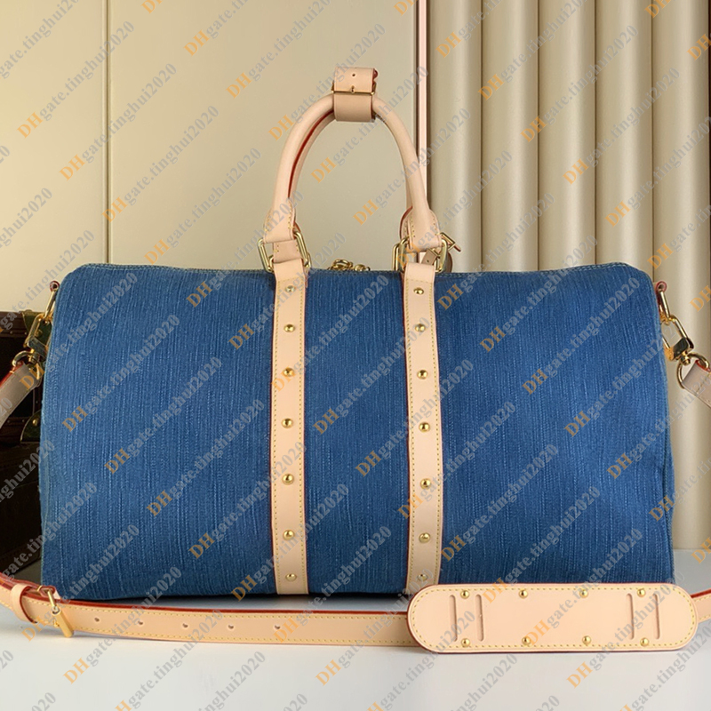 السيدات الأزياء غير الرسمية الدنيم الفاخرة Keepall 45cm حقيبة سفر أكياس القراصنة القماش الخشن حزم الصليب الجسم كيس الكتف حقيبة اليد أعلى مرآة جودة M24315 حقيبة حقيبة