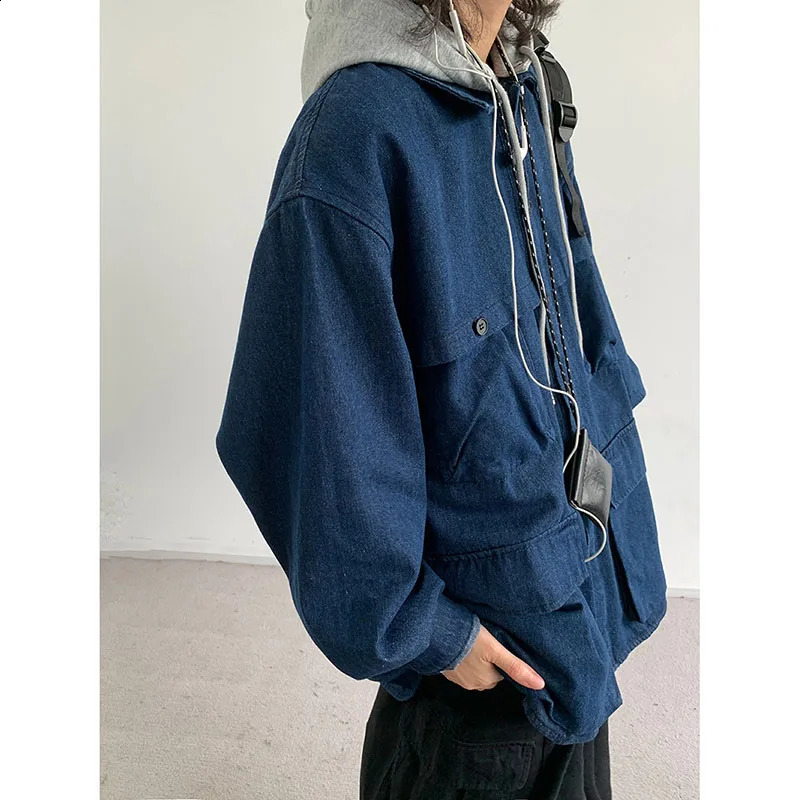 Hooded Denim Jacket Men Women Vintage Detachable Cap Cargo Coat Japanese Oversize Loose Casual Top Spring Couple Unisex Overcoat 240202