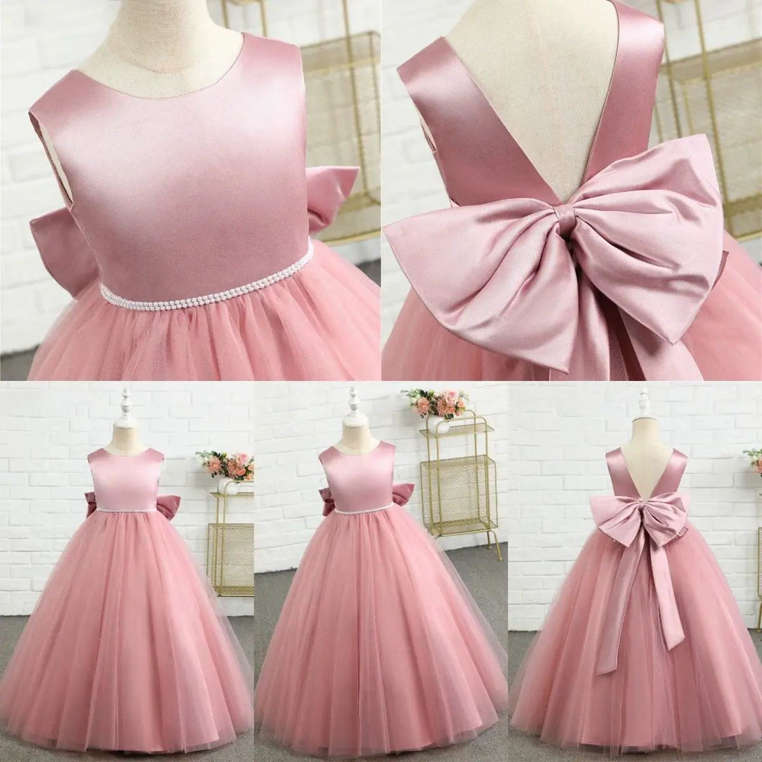 Stylish Dustyrose Flower Girl Dresses for Wedding Satin Birthday Party Dresses for Little Girls Bows at Back Tiered Tulle Pearls Decorate Bridal Gowns NF097