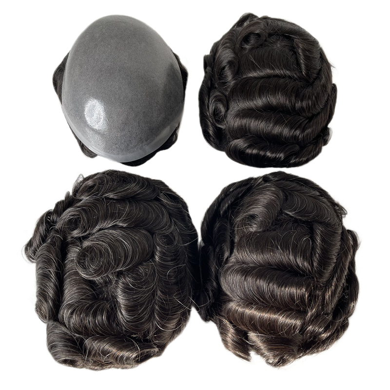 Système de cheveux humains mongols vierges ondulés de 32mm, couleur grise #1b20 nœuds, toupet en PU 8x10, unité de peau complète pour hommes blancs
