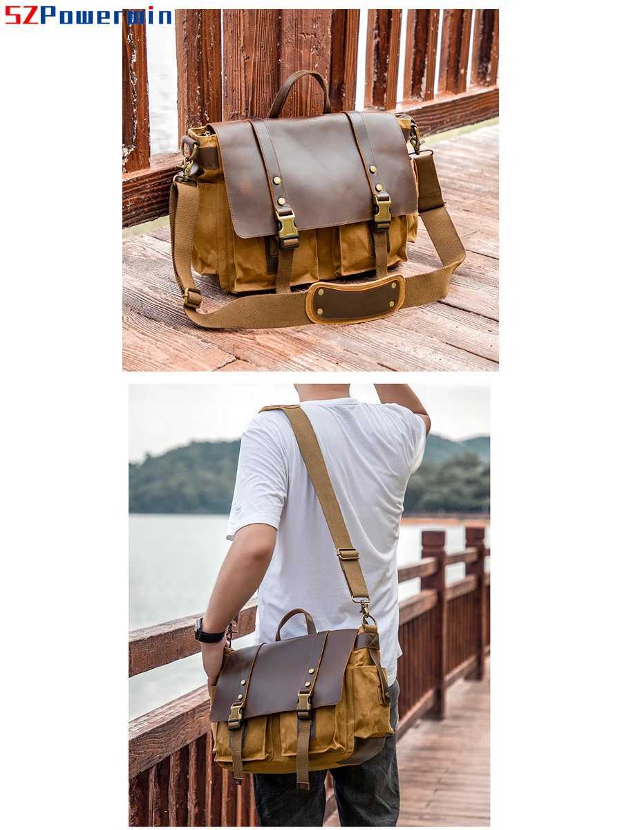 Camera Bag Accessories Powerwin Horse Leather Waxed Canvas Waterproof Bag stor kapacitet Vintage Shoulder Brief Case Black Green Grey Yellow YQ240204