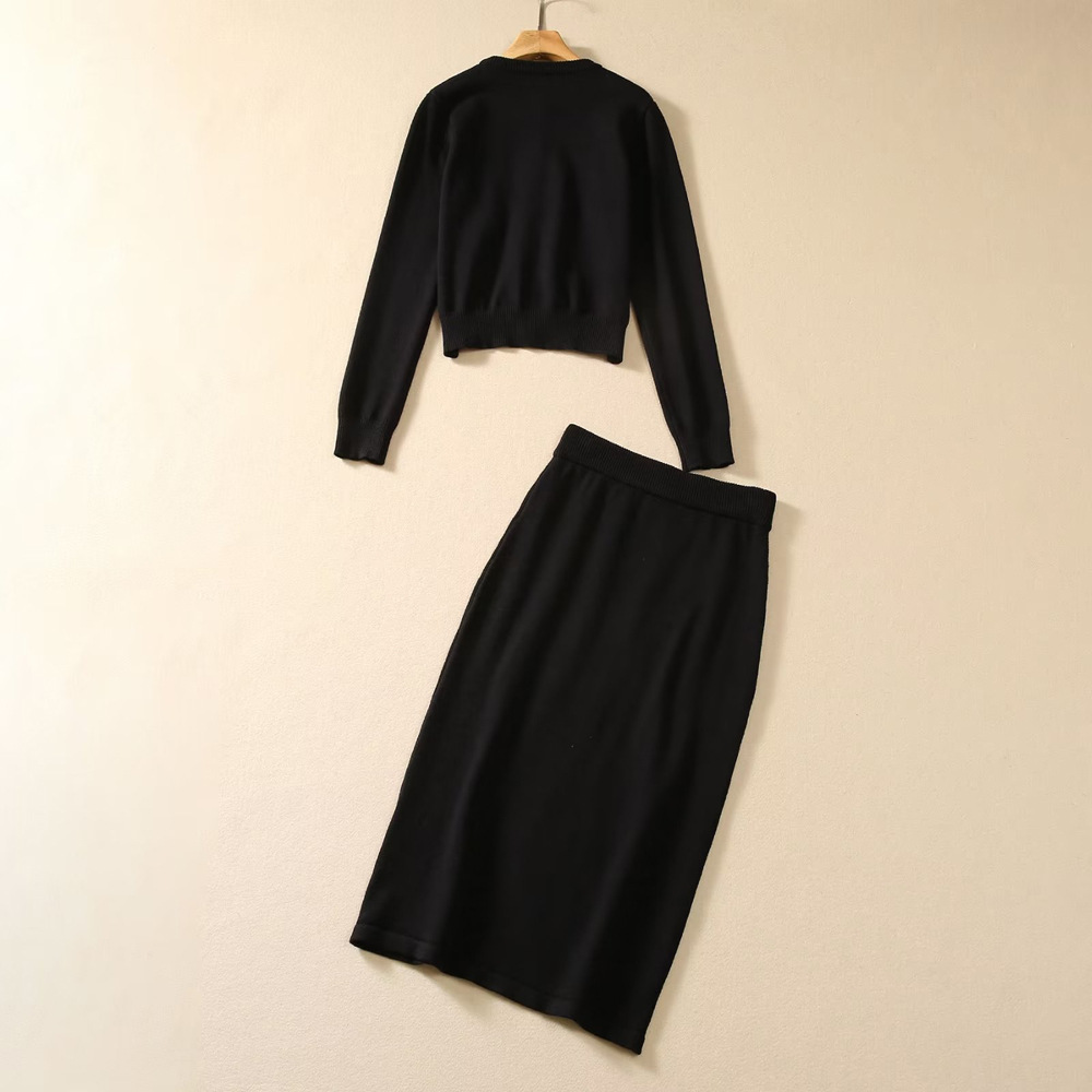 100028 XXL 2024-stijl dames tweedelige lente lange mouw lange rok zwart borduurwol rijk ronde hals SH