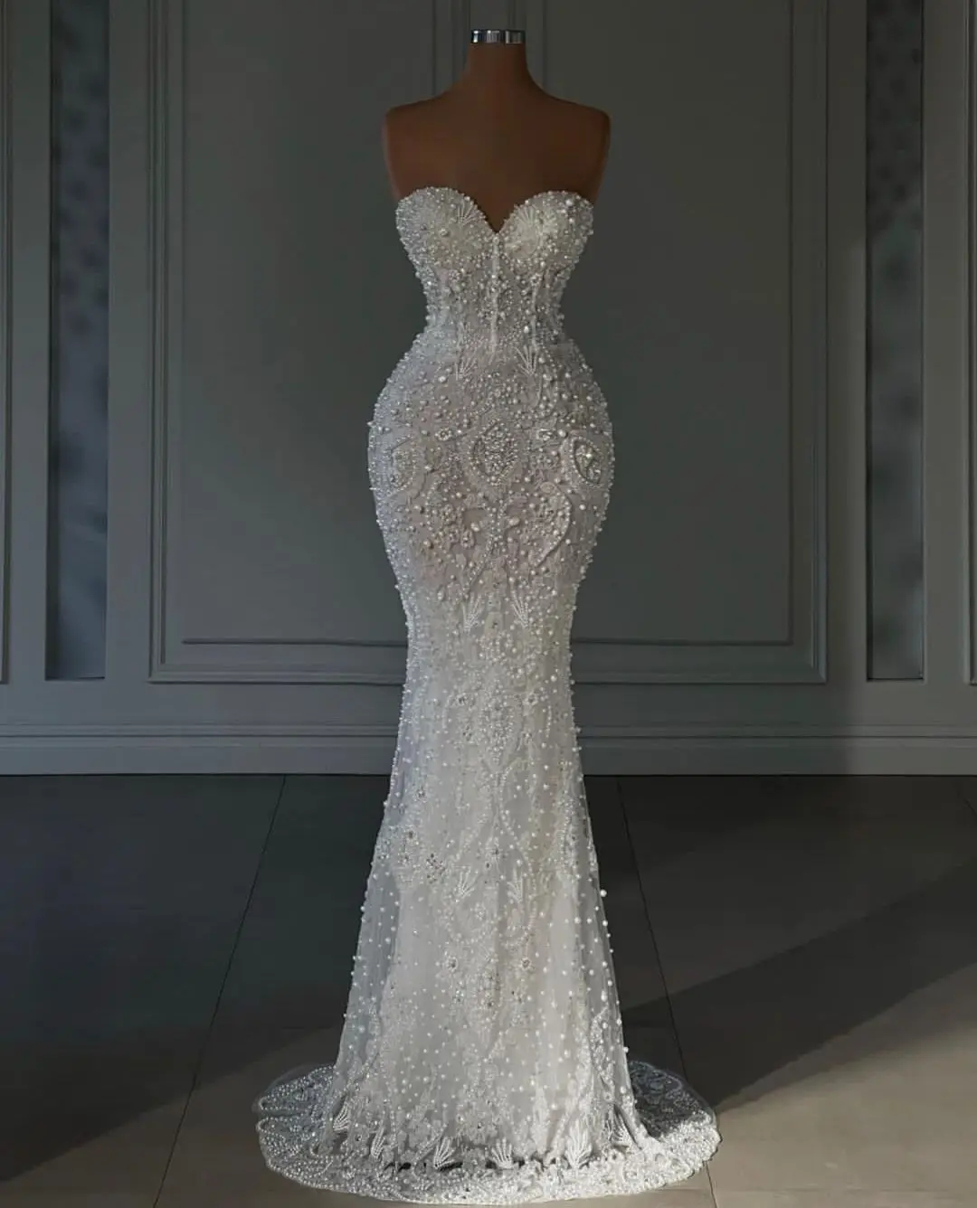 Abiti da sposa eleganti a sirena con perle Abito da sposa senza spalline Appliques Abiti da sposa senza maniche su misura in rilievo Vestido de novia