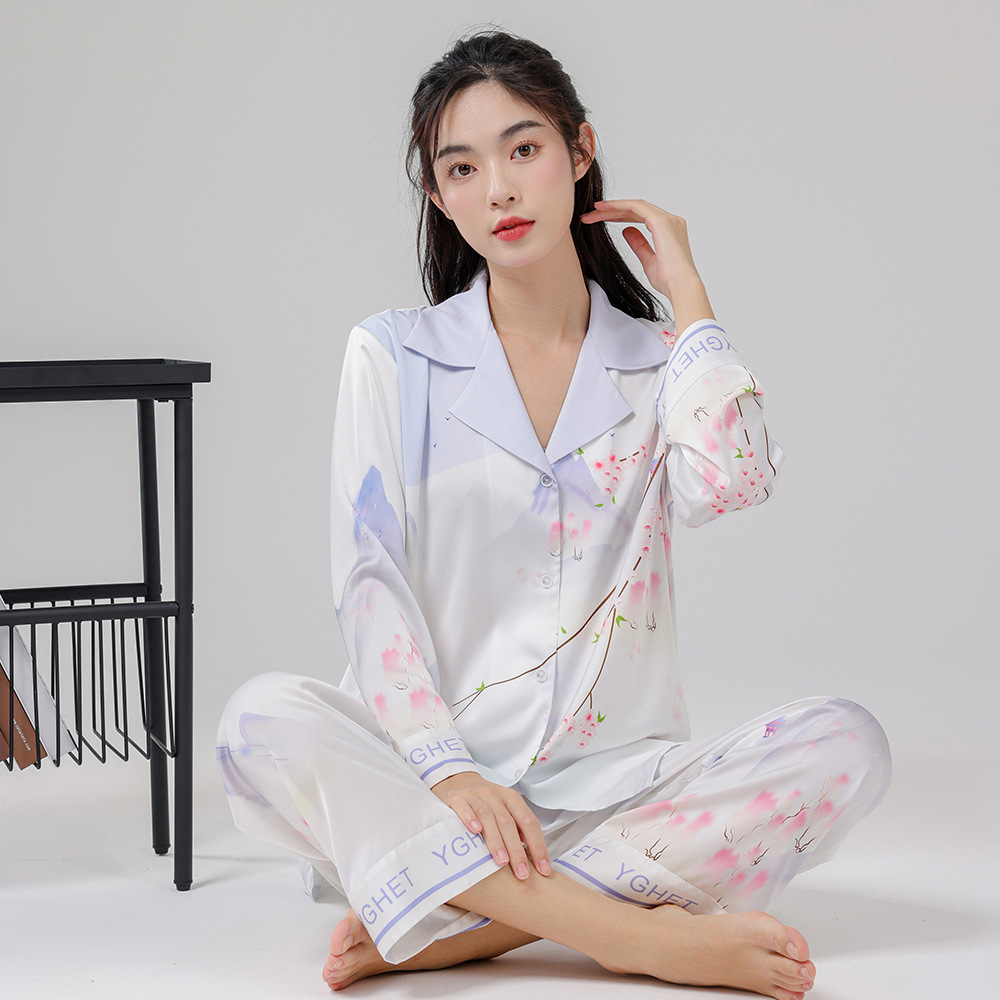 New style pajamas, women's ice silk long sleeved landscape scroll home clothing, soft and comfortable