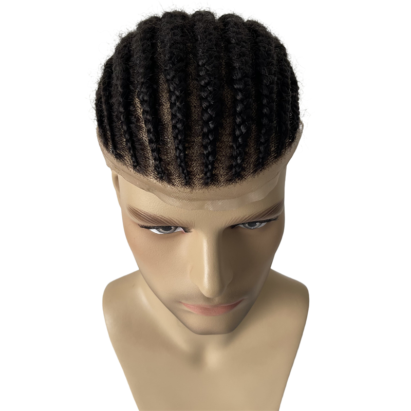 Europäischer Echthaar-Ersatz, 1b# Afro Cornrow Braids, 8 x 10 OCT, langlebige Spitze mit PU-Toupet, männliche Einheit für schwarze Männer