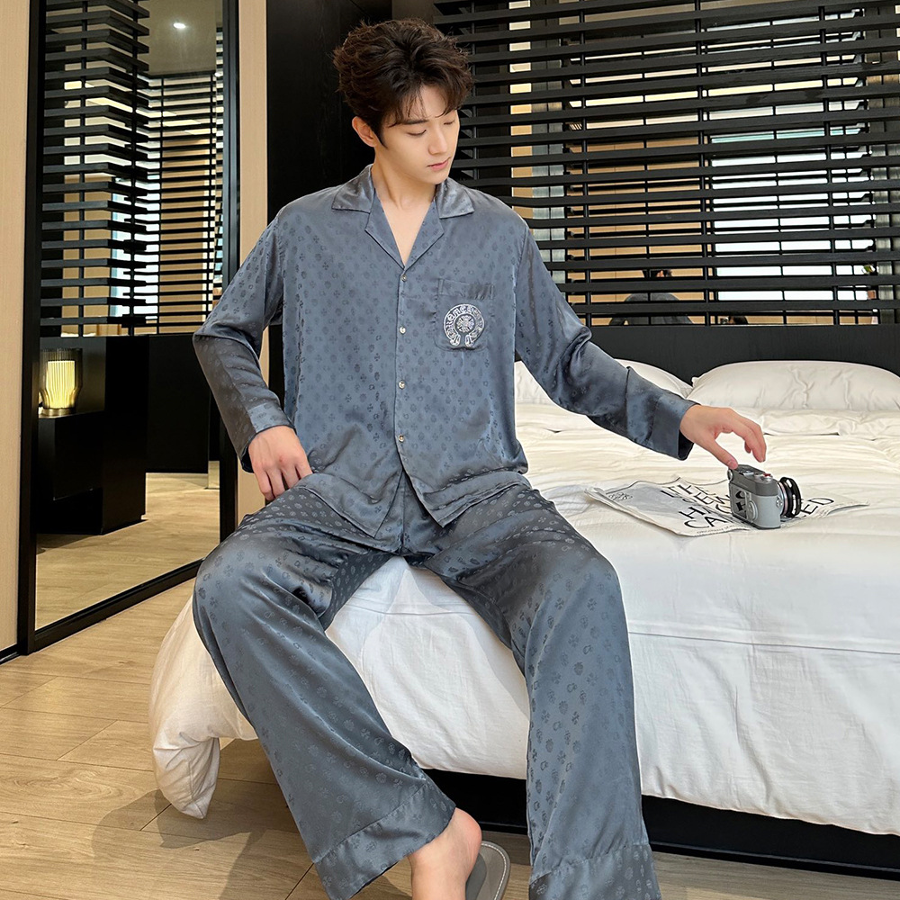 New style pajamas men's ice silk long sleeved jacquard hot diamond home clothing simple and fashionable