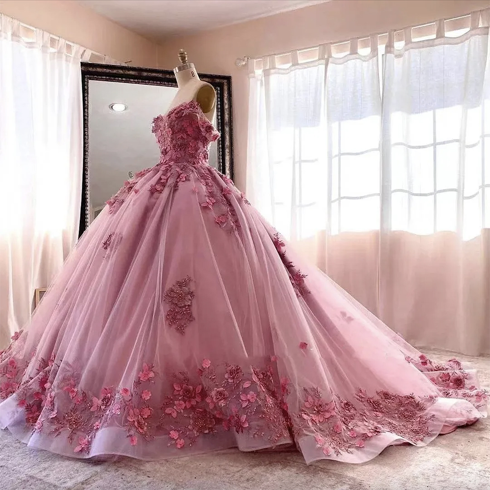 Pink Pretty Flowers Lace Beaded Quinceanera Dresses Off The Shoulder Princess Ball Gown Prom Evening Puffy Long Train Sweet 15 16 Dress For Girls Formal Wear