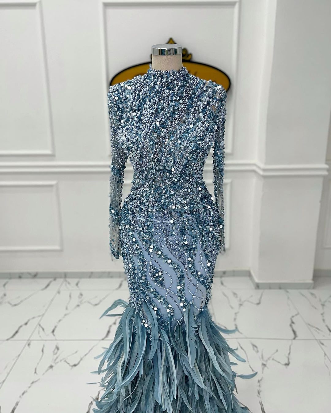 Custom Size Luxury Blue Mermaid Evening Dresses With Feather Pearl Crystal High Neck Gowns Sweep Train Party Gown Robe De Soiree Plus Size Special Prom Occasion