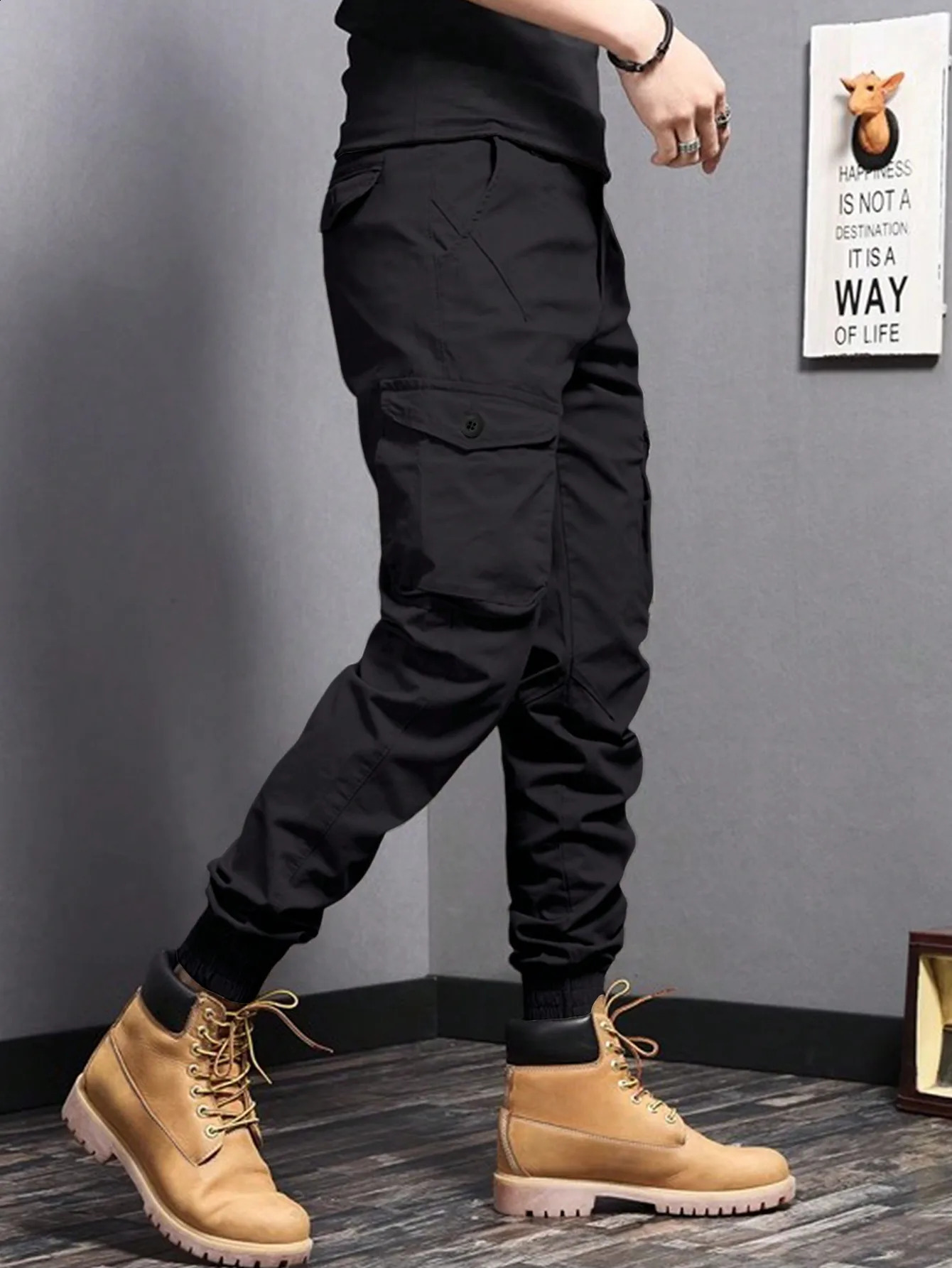 Casual Side Flap Pockets Workwear Tapered Pants Mens Cargo Pants For Spring Fall Outdoor 240126