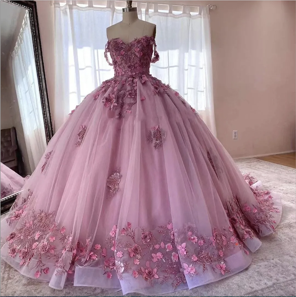 Pink Pretty Flowers Lace Beaded Quinceanera Dresses Off The Shoulder Princess Ball Gown Prom Evening Puffy Long Train Sweet 15 16 Dress For Girls Formal Wear