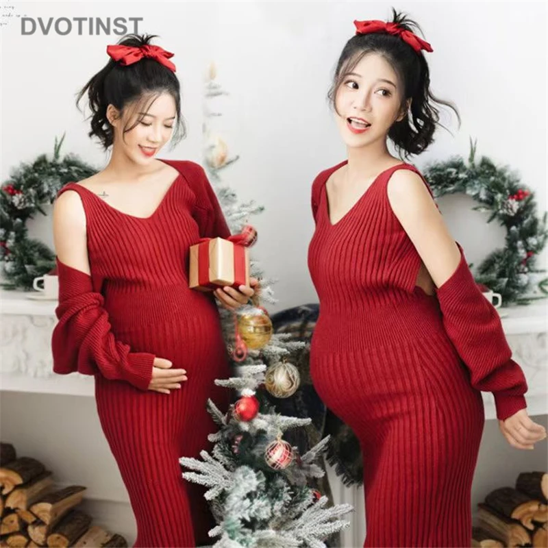 Vestidos dvotinst mulheres fotografia adereços vestidos de tanque de maternidade gravidez vermelho natal ano novo vestido cardigans 2 peças roupas de estúdio