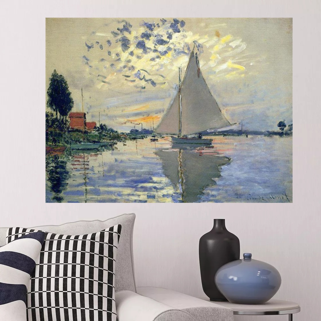 Sailboat at Le Petit-Gennevilliers by Claude Monet Painting on Canvas Replica Landscape Oil Art for Office Room Decoration Handpainted Impressionism