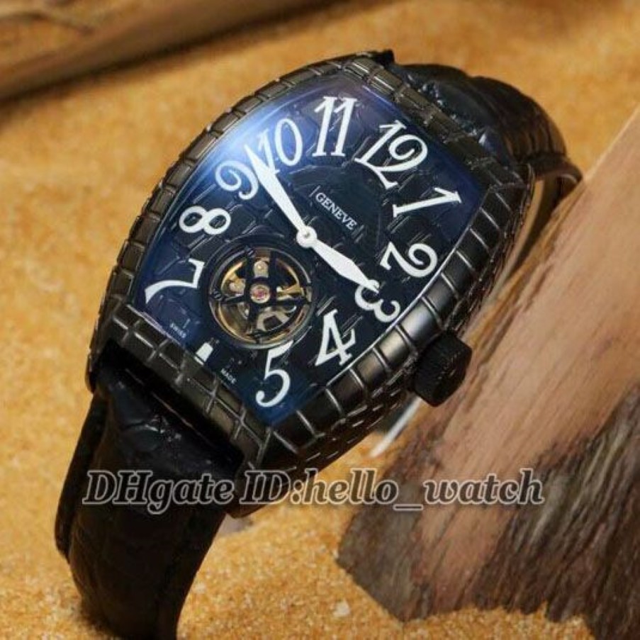 High Quality Black Croco 8880 T BLK CRO Automatic Tourbillon Mens Watch PVD Black Leather Strap Gents Watch Cheap New Watches215P
