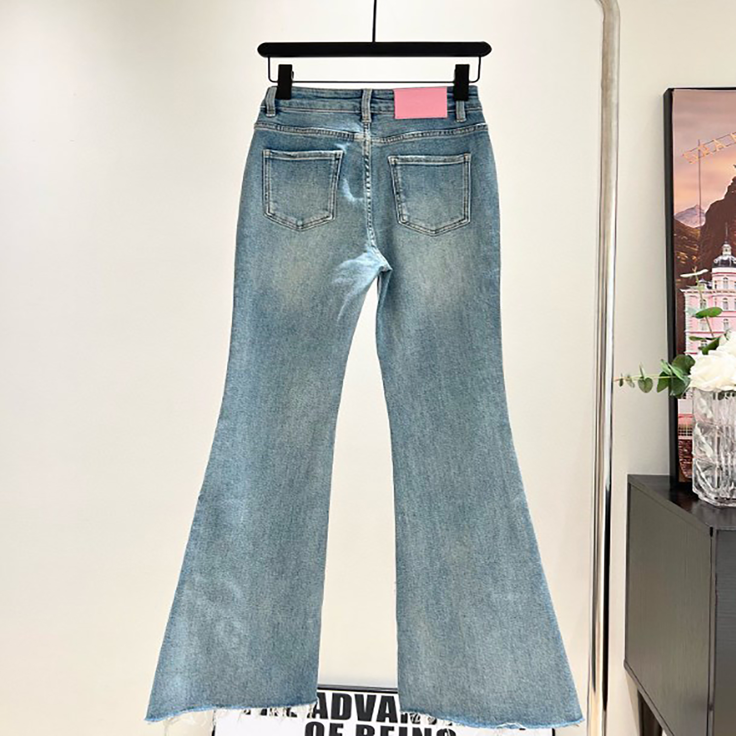 Designer Women's Jeans Rhinestone Craft Logo High Waist Slim Washed Straight Leg Micro Flare Jeans