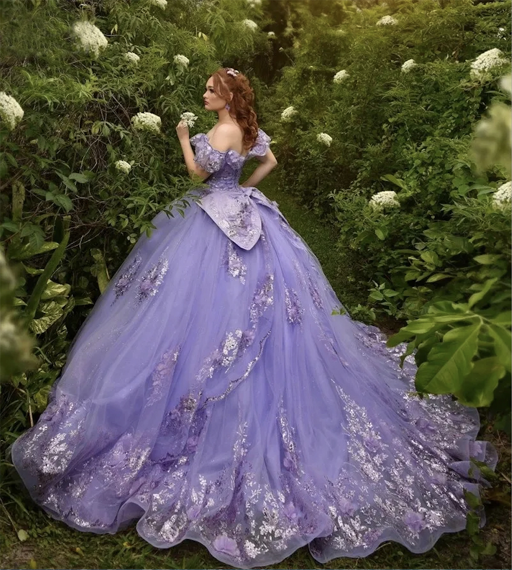 Abiti Quinceanera lavanda con fiocco applique Abiti da 15 anos tulle pizzo che borda abiti di compleanno ragazze messicane