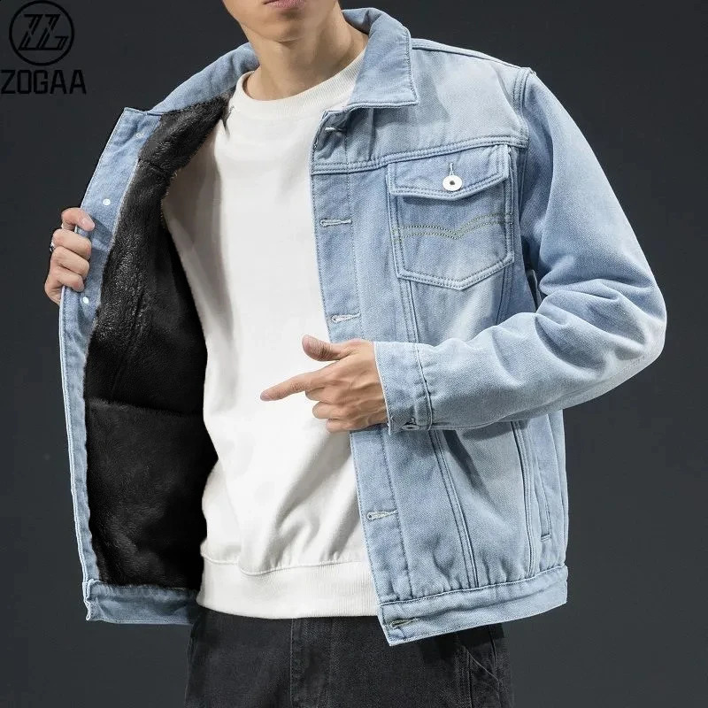 Män ljusblå vinter jean jackor ytterkläder varm denim räcker stor storlek ullfoder tjockare storlek4xl 240202