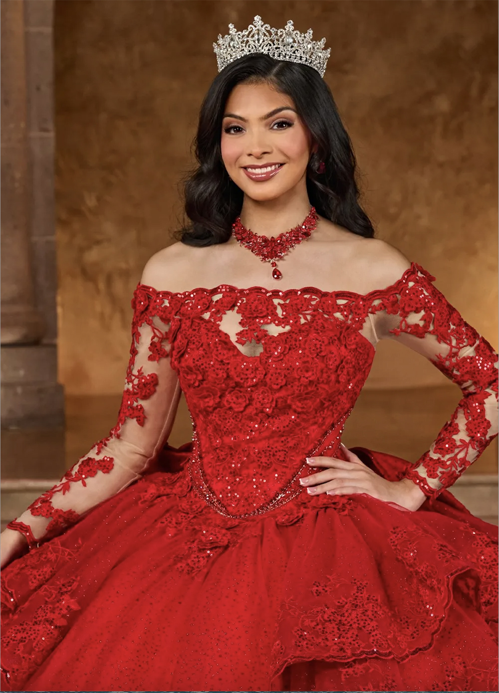 Red Ball Gown Lace Quinceanera Dresses Appliqued Prom Gowns With Long Sleeves Sequined Off The Shoulder Neckline Tulle Sweet 15 Masquerade Dress