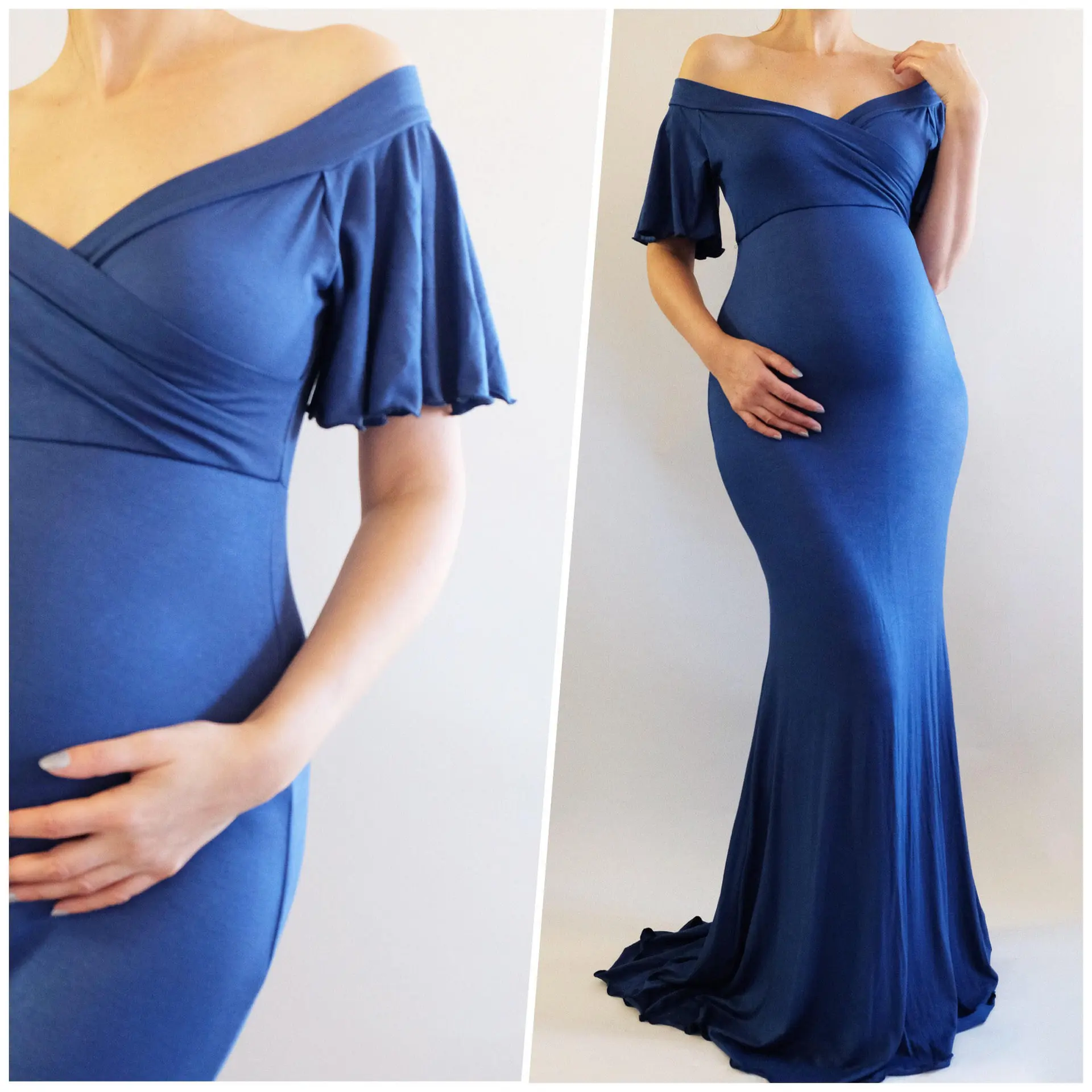 Jurken Blauw Zwangerschapsjurken Zwangere Phoho-jurk Maxi Zwangerschapsjurken voor fotoshoot Lange jurk vestidos premama