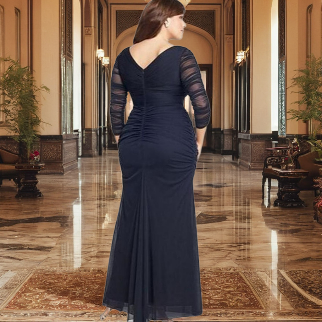 Abiti lunghi la madre della sposa blu scuro scuro maniche a 3/4 scollo a V pieghettati in tulle abiti la madre con spacco alto abiti da cerimonia ospiti di nozze in pizzo arabo nero con perline AMM043