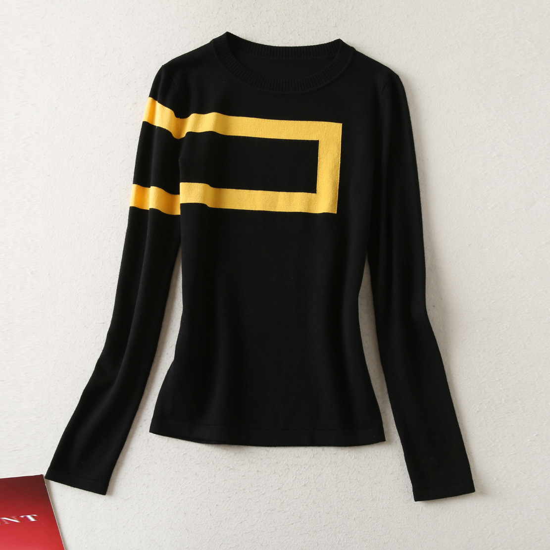 10008 XXL 2024 Style Women's Two Piece Spring Long Sleeve Short Skirt Black Yellow Empire Crew Neck SH