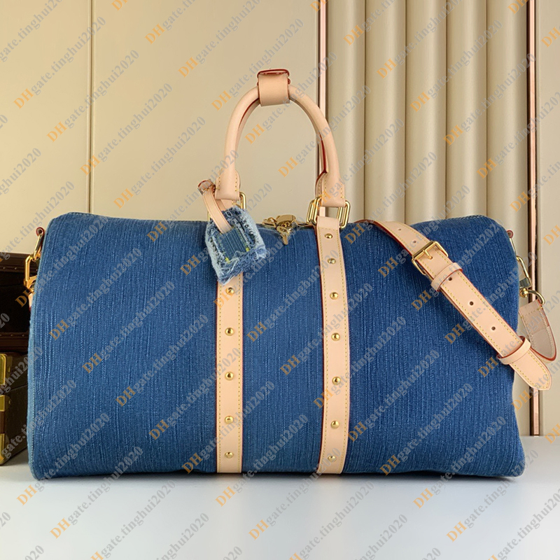 السيدات الأزياء غير الرسمية الدنيم الفاخرة Keepall 45cm حقيبة سفر أكياس القراصنة القماش الخشن حزم الصليب الجسم كيس الكتف حقيبة اليد أعلى مرآة جودة M24315 حقيبة حقيبة