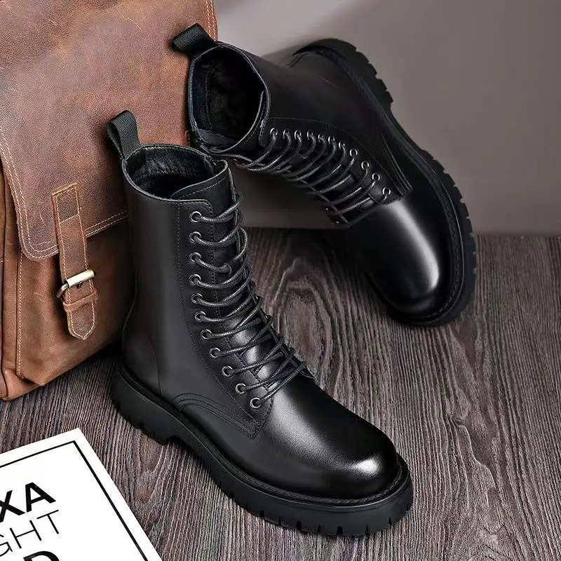 Italiensk varumärkesdesigner män stövlar laceup svart trendskor scen nattklubb klänning original läder plattform boot motorcykel botas 240126