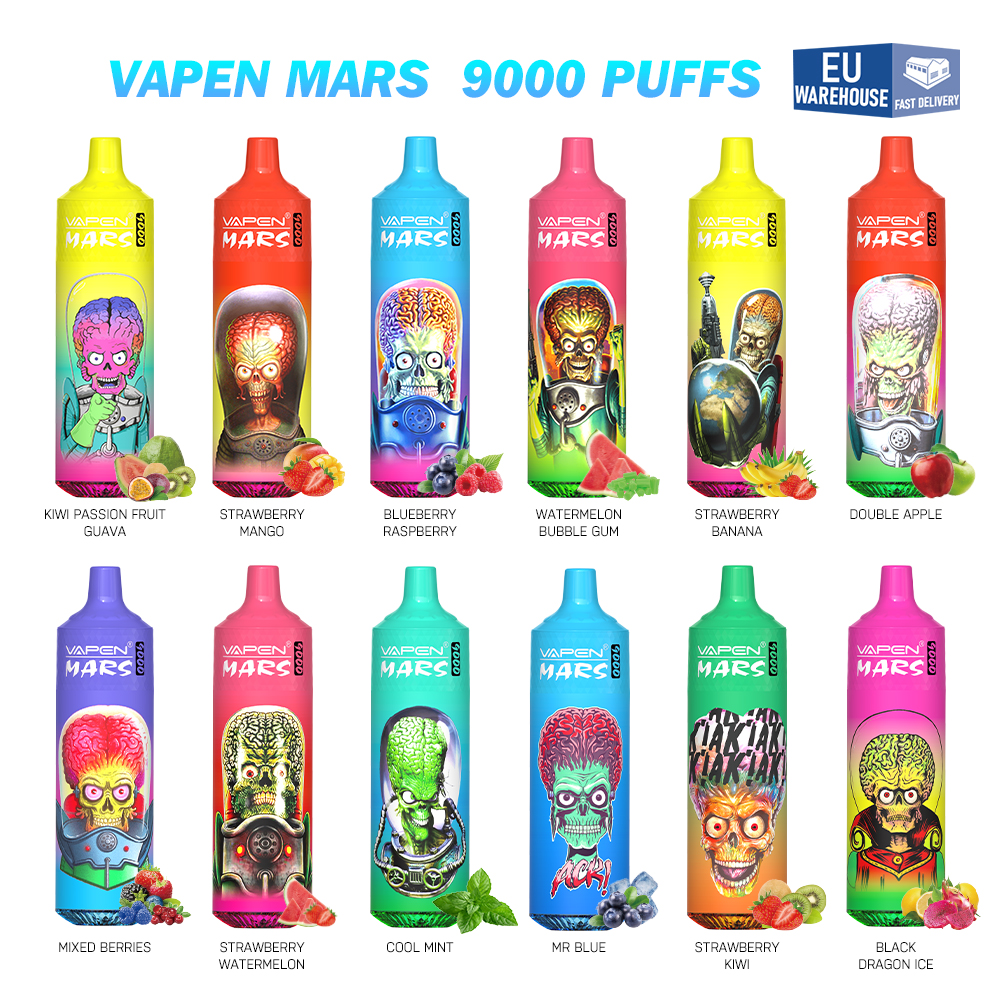 Europejski magazyn jednorazowy puff 9k Vapen Mars 9000 Puff 9000 jednorazowe E papierosy z zaciągnięciami 9k ładowne 18 ml RBG Light smyczowe vapes Szybka dostawa
