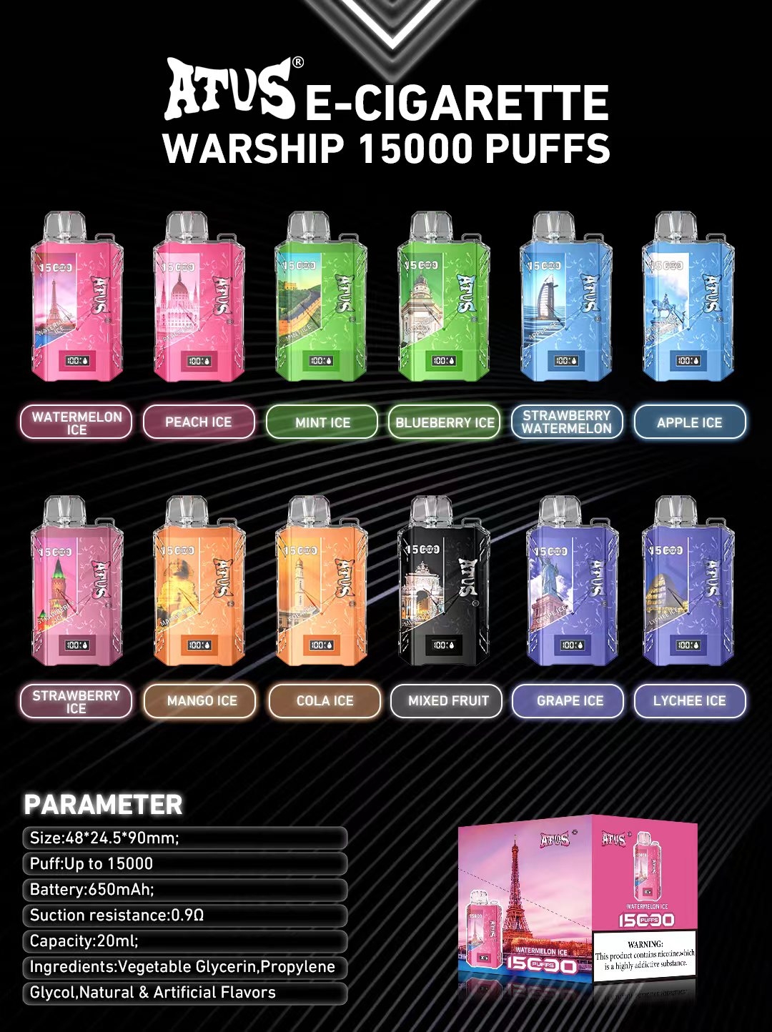 ATVS puff 15000 Bar Disposable Vape E-Cigarette with Smart Screen Display 650mAh Battery vaper Desechable 15k puffs 12flavors 2% 5% box