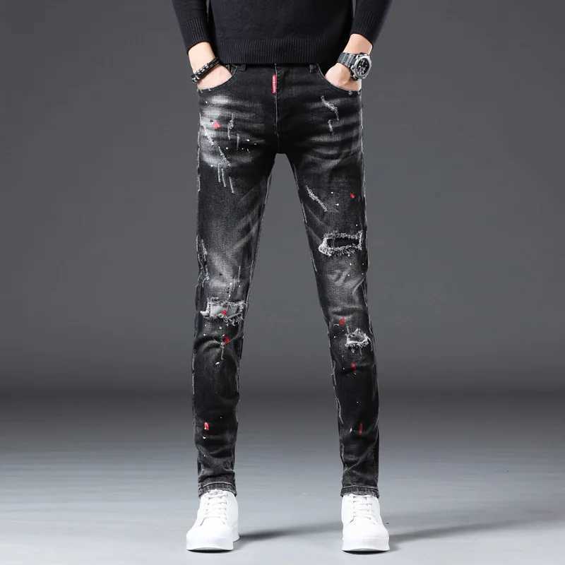 Мужские джинсы Высококачественные мужские облегающие эластичные черные рваные джинсы с декором в виде чернильных брызг Модные повседневные брюки Стильные сексуальные уличные джинсы;YQ240205