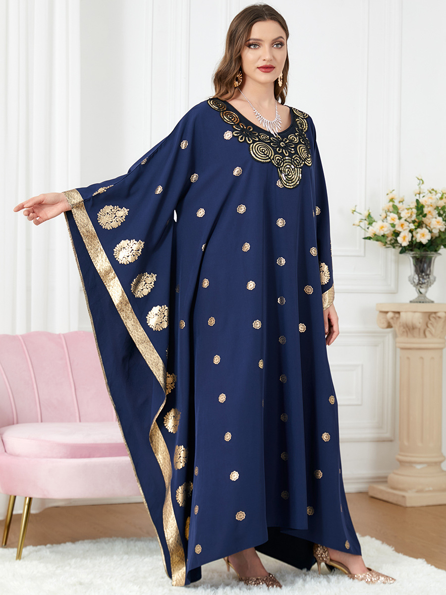 Vêtements musulmans du moyen-orient femmes bleu bronzant imprimé manches chauve-souris tenue décontractée en vrac Robe de fête Abaya robes Musulmanes moroccan kaftan dress