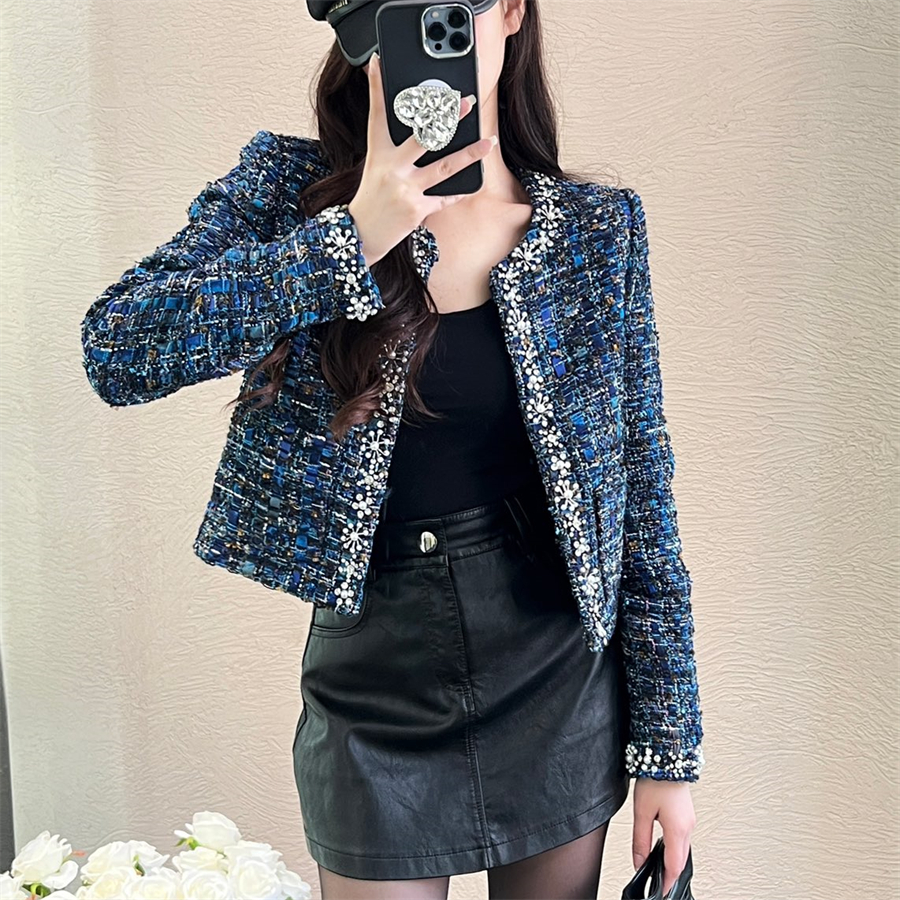 Women's designer coat Jackets fashionable light luxury heavy industry short woolen tweed clothing spring high-end fashionable flower and pearl decoration