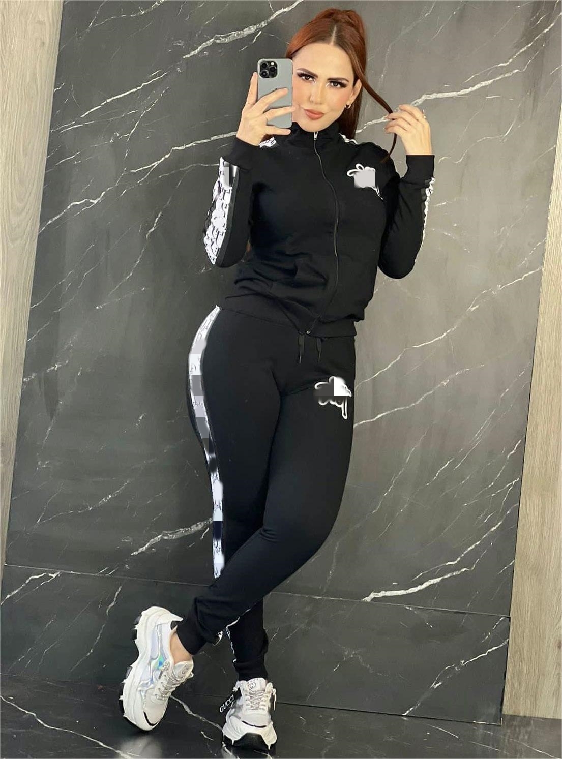 Black Two Piece Set Sporty Tracksuits Women Jacket and Pants Set Casual Sweatsuits Free Ship