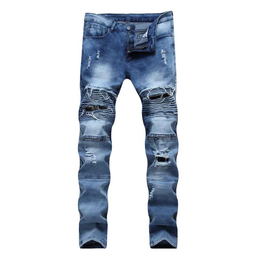 Мужские джинсы. Мужские высококачественные джинсовые брюки низкой эластичности. Облегающие рваные джинсы. Мотоциклетные байкерские джинсы с заплатками. Уличная мода, повседневные джинсы;YQ240205