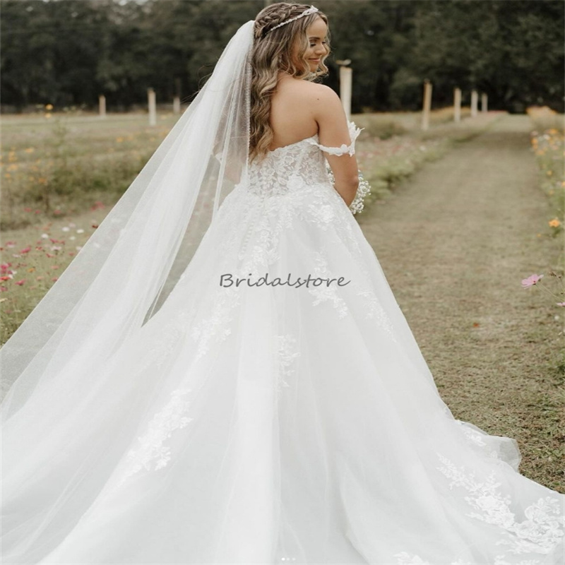 Abiti da sposa in pizzo bianco da sogno 2024 Appliques in pizzo con spalle scoperte Paese Fotografia Abito da sposa Elegante giardino senza schienale Fariy Abiti da sposa Novias Robe Mariee