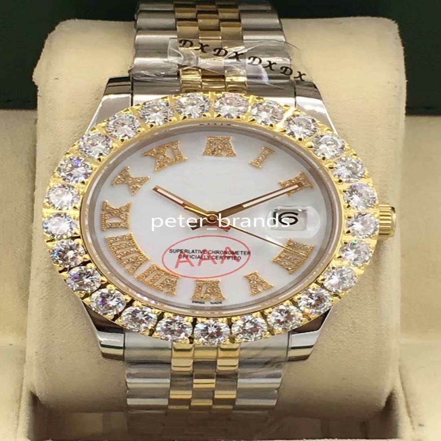 Prong Set Diamond Watches two tone silver gold 43mm white face Bigger diamond bezel Automatic Fashion Men's Watch308d