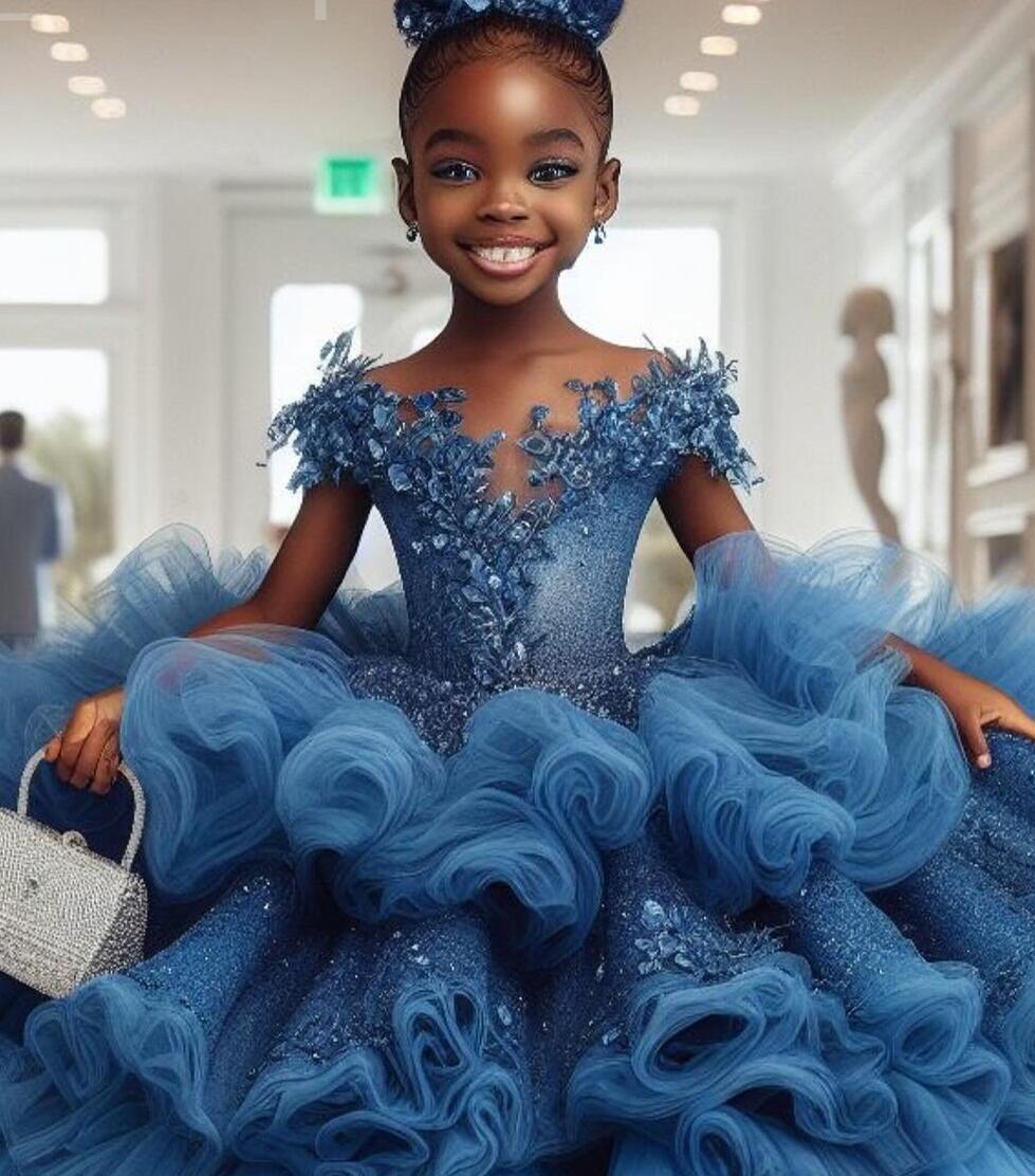 2024 Blue Lace Sheer Neck Flower Girl Dresses Ball Gown Tulle Tiers Luxurious Little Girl Christmas Peageant Birthday Christening Tutu Dress Gowns ZJ428