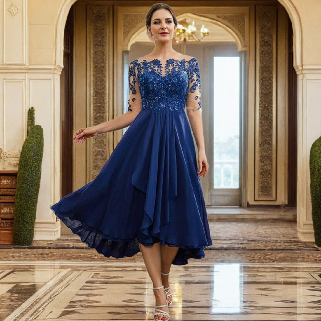 Short Royal Blue Mother Of The Bride Gowns Sheer Neck Half Sleeves Mother's Dresses Beaded Sequins Lace Mum Gowns For Women Wedding Guest Outfit AMM059