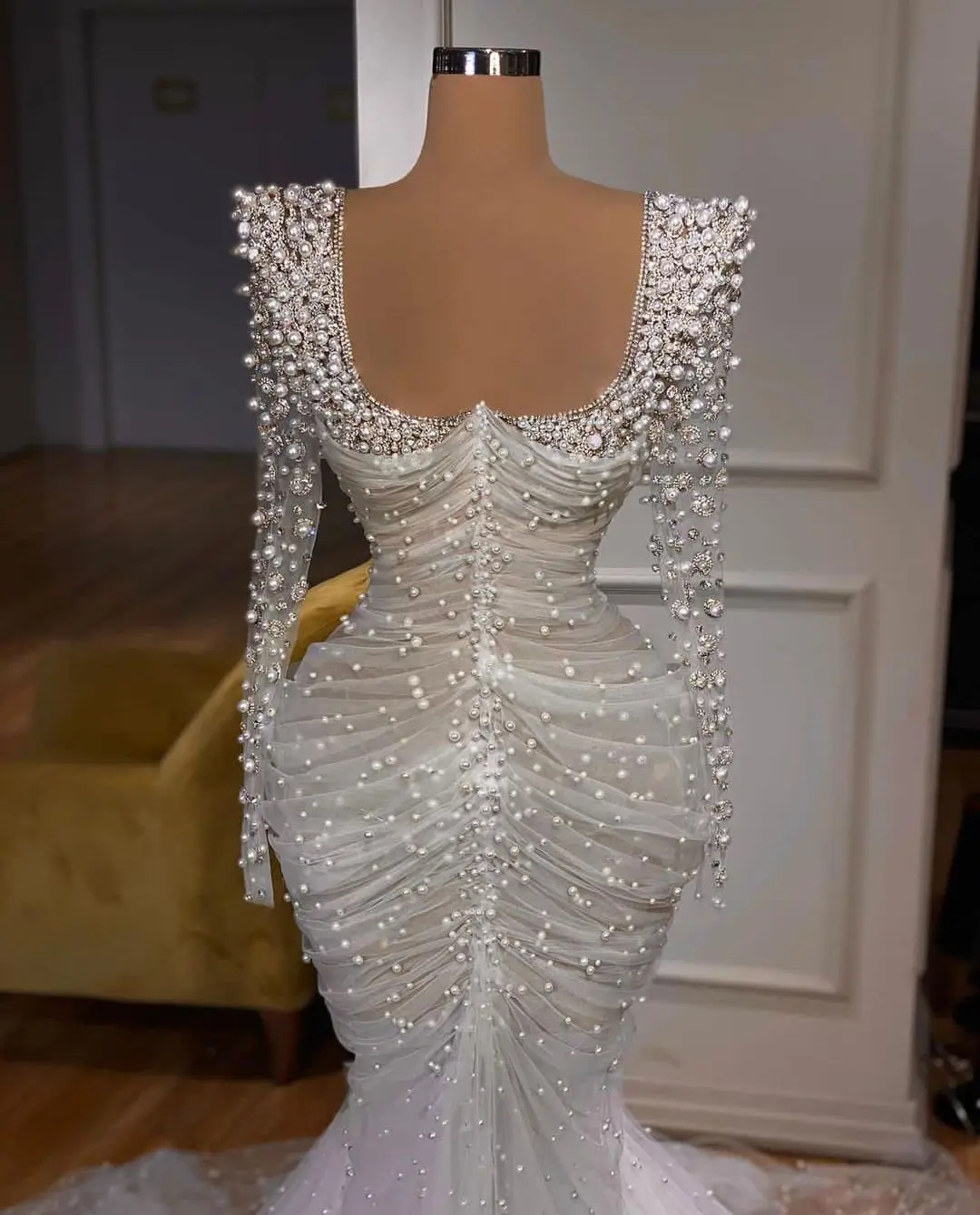 Роскошные свадебные платья с жемчугом и бисером, свадебное платье русалки с прозрачными длинными рукавами, платья невесты на заказ Vestido de novia