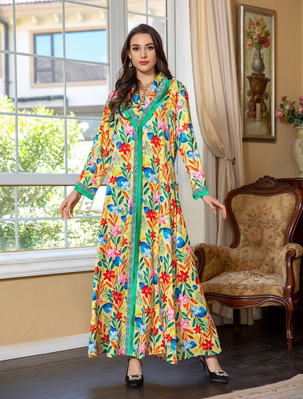 2024 Printemps Nouvelles femmes musulmanes Robe Jalabiya Moyen-Orient Arabie Saoudite Mode Hot Diamond Impression multicolore Robes de soirée