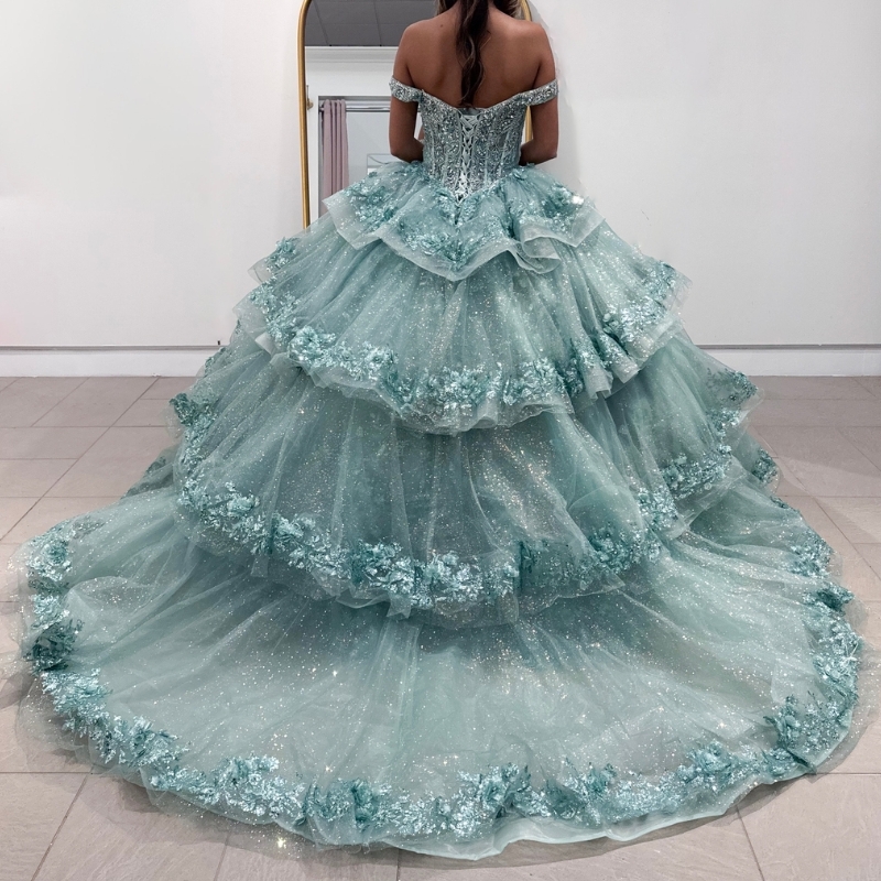 2024 Aqua Blue Off The Shooulder Quinceanera Dresses Pingning Fittly Party Dresses Formal Applique Crystal Clown Vestidos de 15