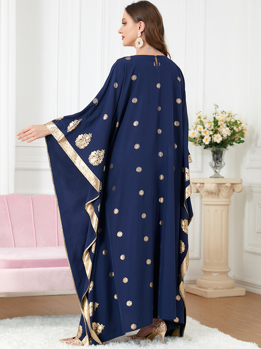 Vêtements musulmans du moyen-orient femmes bleu bronzant imprimé manches chauve-souris tenue décontractée en vrac Robe de fête Abaya robes Musulmanes moroccan kaftan dress