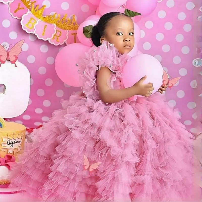 Falda de tutú hinchada rosa Vestidos de niña de las flores de princesa con lentejuelas de lazo grande Vestidos de fiesta para desfile de niñas Vestido largo de primera comunión de cumpleaños formal para niños pequeños CL3283