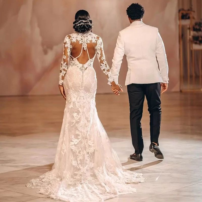 2024 Luxurious High Neck Mermaid Wedding Dresses Bridal Gowns Illusion Overskirts Detachable Train Long Sleeves Plus Size African Nigerian Fishtail Robe De Mariee