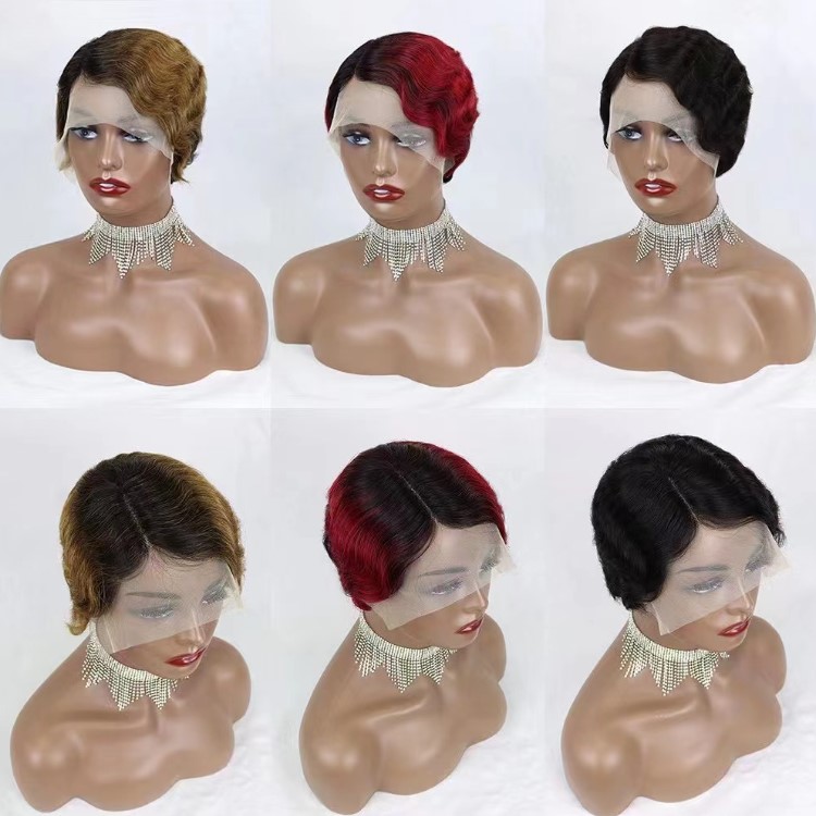 Short Pixie Cut Finger Wave Wig for Black Women 13x1 T lace pixie short wig 100% human hair wig Brazilian hair part lace hair wig