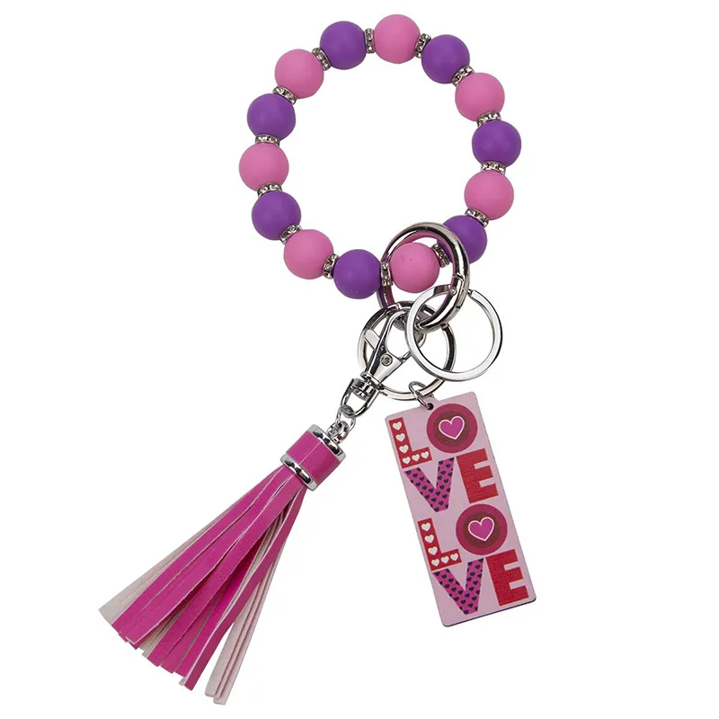 Silicone Bead Keychain LOVE PU Tassel Bracelet Keychain Valentine`s Day Gift Key Chain Wrist Keyring