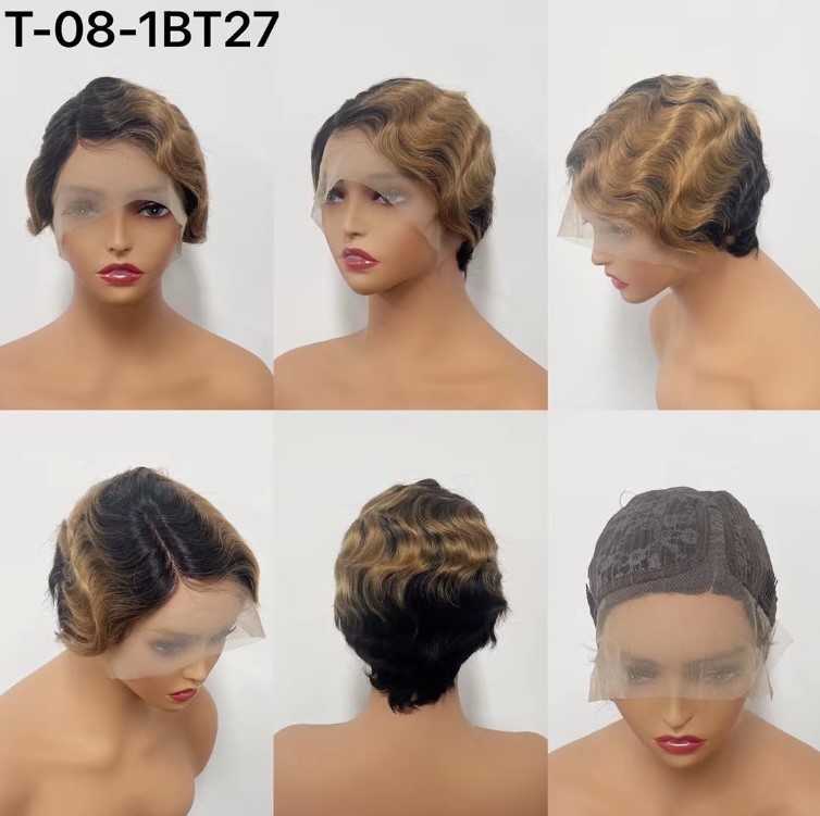 Short Pixie Cut Finger Wave Wig for Black Women 13x1 T lace pixie short wig 100% human hair wig Brazilian hair part lace hair wig