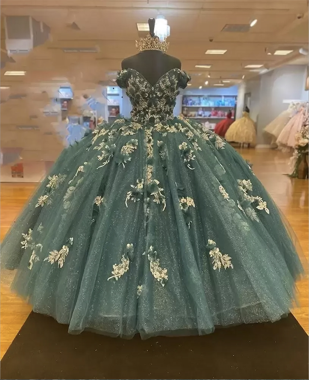 Темно-зеленые платья Quinceanera 2024 с открытыми плечами. Бальное платье принцессы с цветами и бусинами. Сладкий 16-летний корсет длиной до пола. Одежда для вечеринок по случаю дня рождения.