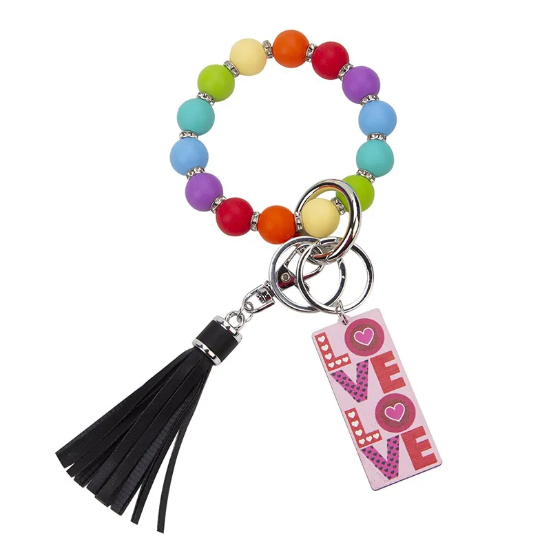 DHL Silicone Bead Keychain LOVE PU Tassel Bracelet Keychain Valentine's Day Gift Key Chain Wrist Keyring Z 2.5