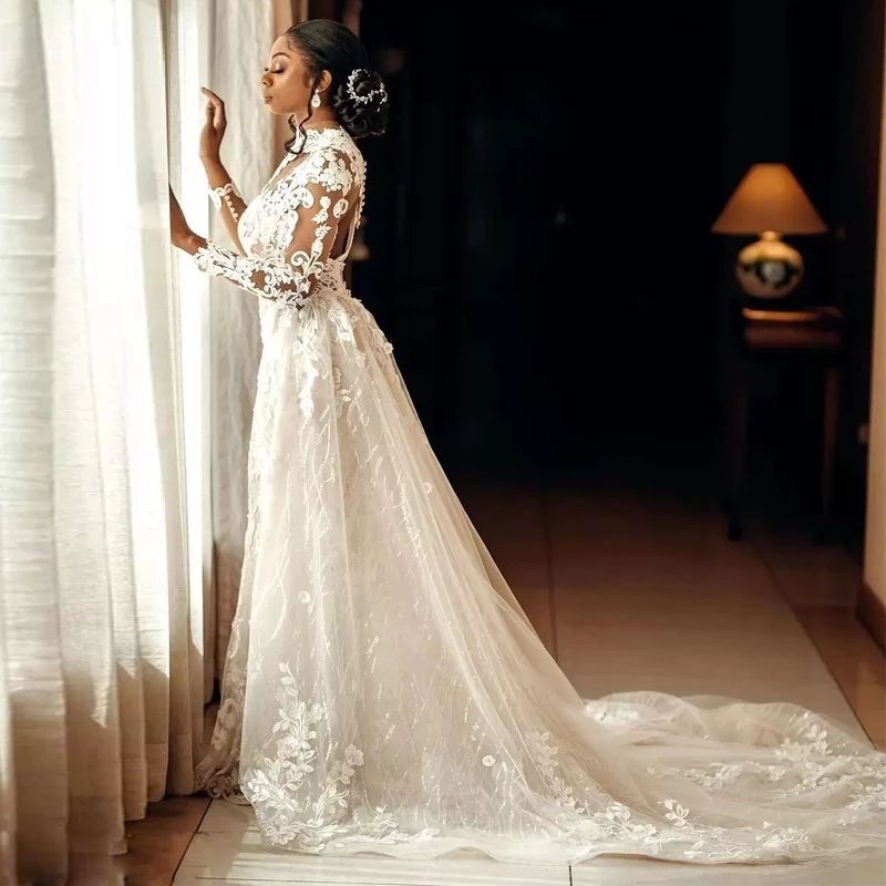 2024 Luxurious High Neck Mermaid Wedding Dresses Bridal Gowns Illusion Overskirts Detachable Train Long Sleeves Plus Size African Nigerian Fishtail Robe De Mariee